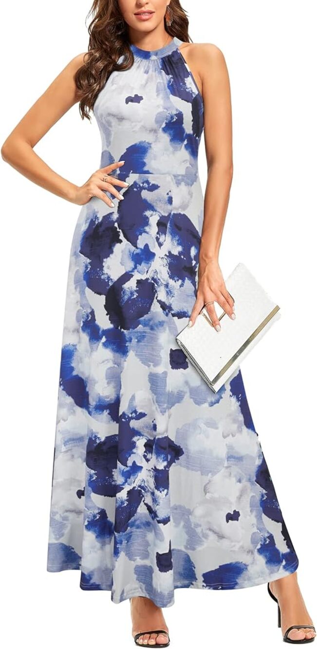 Styleword Ladies Classy Maxi Dress, Blue Abstract Pattern Sleeveless Halter Neck